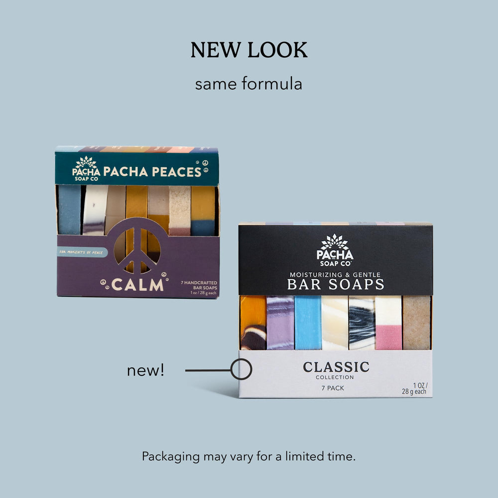 Pacha Soap Co Peaces Balance Pack, vista trasera, empaque sostenible visible.