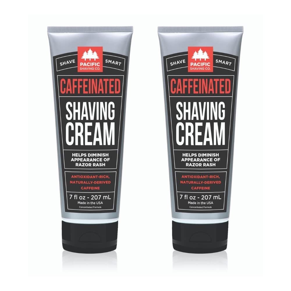 Pacific Shaving Company crème rasage caféinée en bouteille, énergie matinale pour la peau.