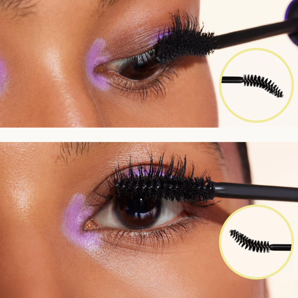 Pacifica Activist Curling Mascara, aplicador curvado enfocado en carga de producto.