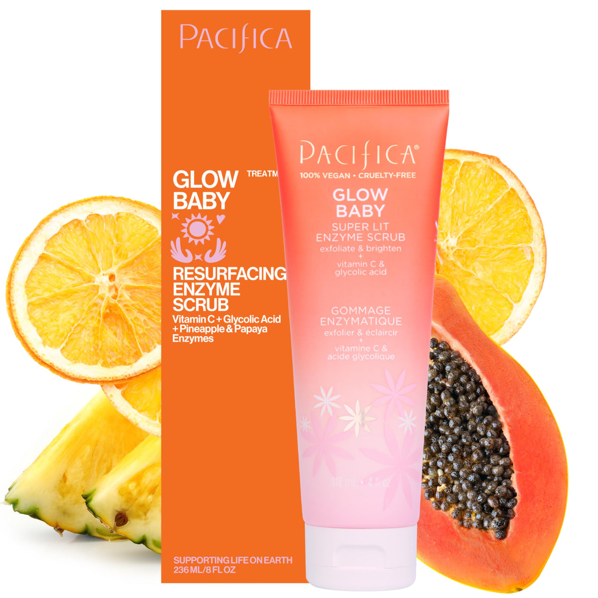 Pacifica Glow Baby exfoliante: botella visible para uso diario suave.