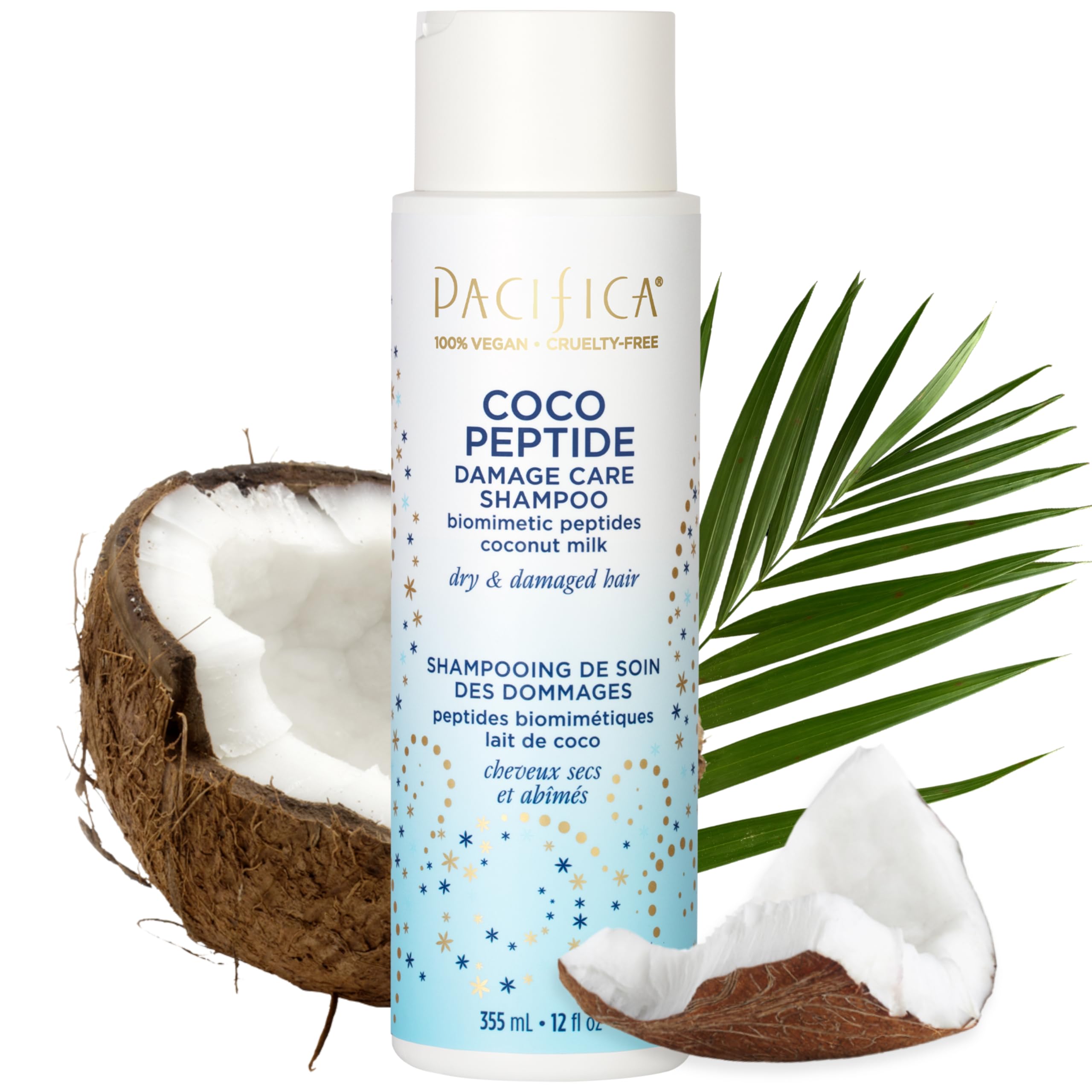 Pacifica Coco Peptide Damage Care Champú: botella visible para reparación suave del cabello dañado.
