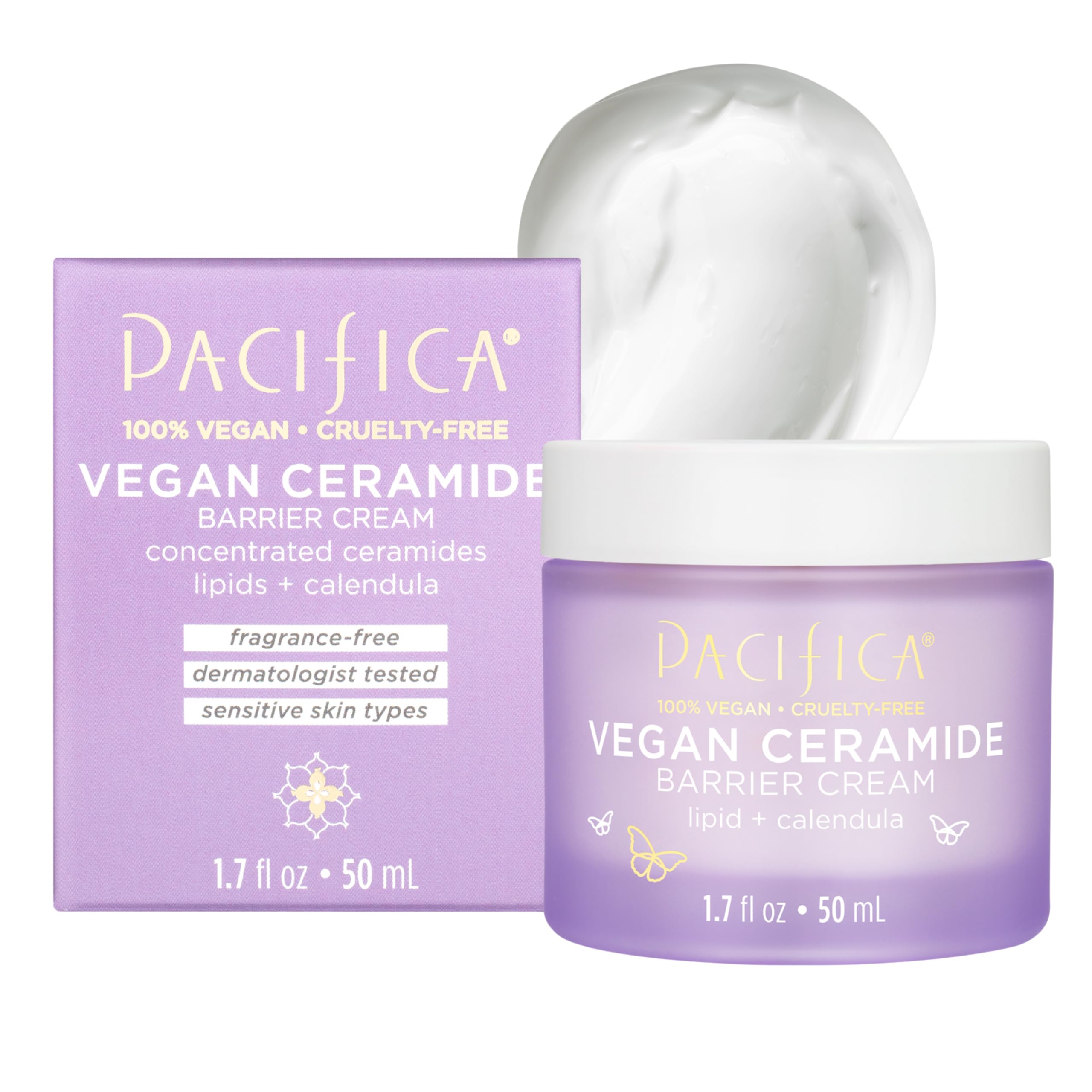 Pacifica crema facial en botella, enfoque en aplicación suave para hidratación diaria