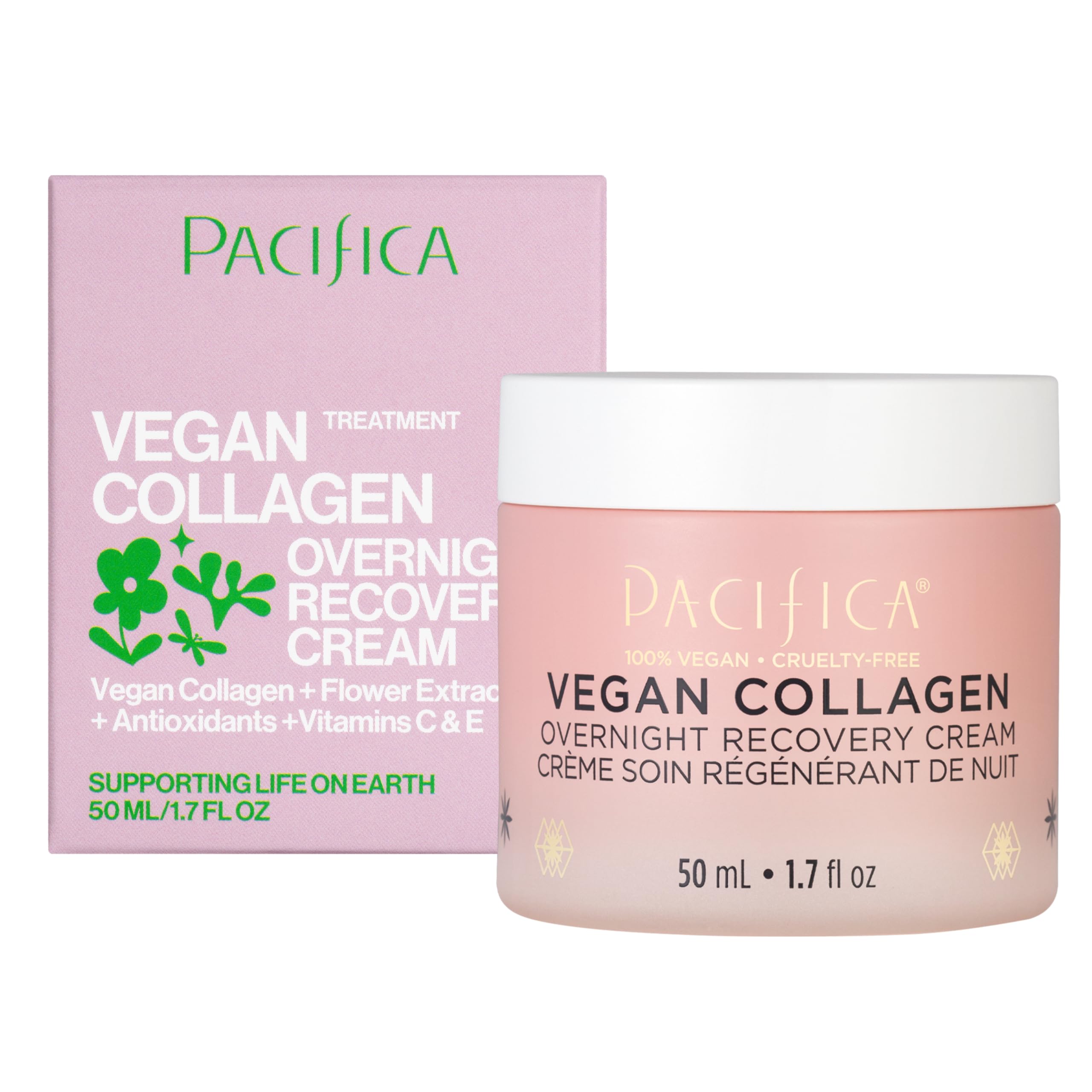 Pacifica crema nocturna con colágeno vegano, botella destacada para hidratación sostenida.