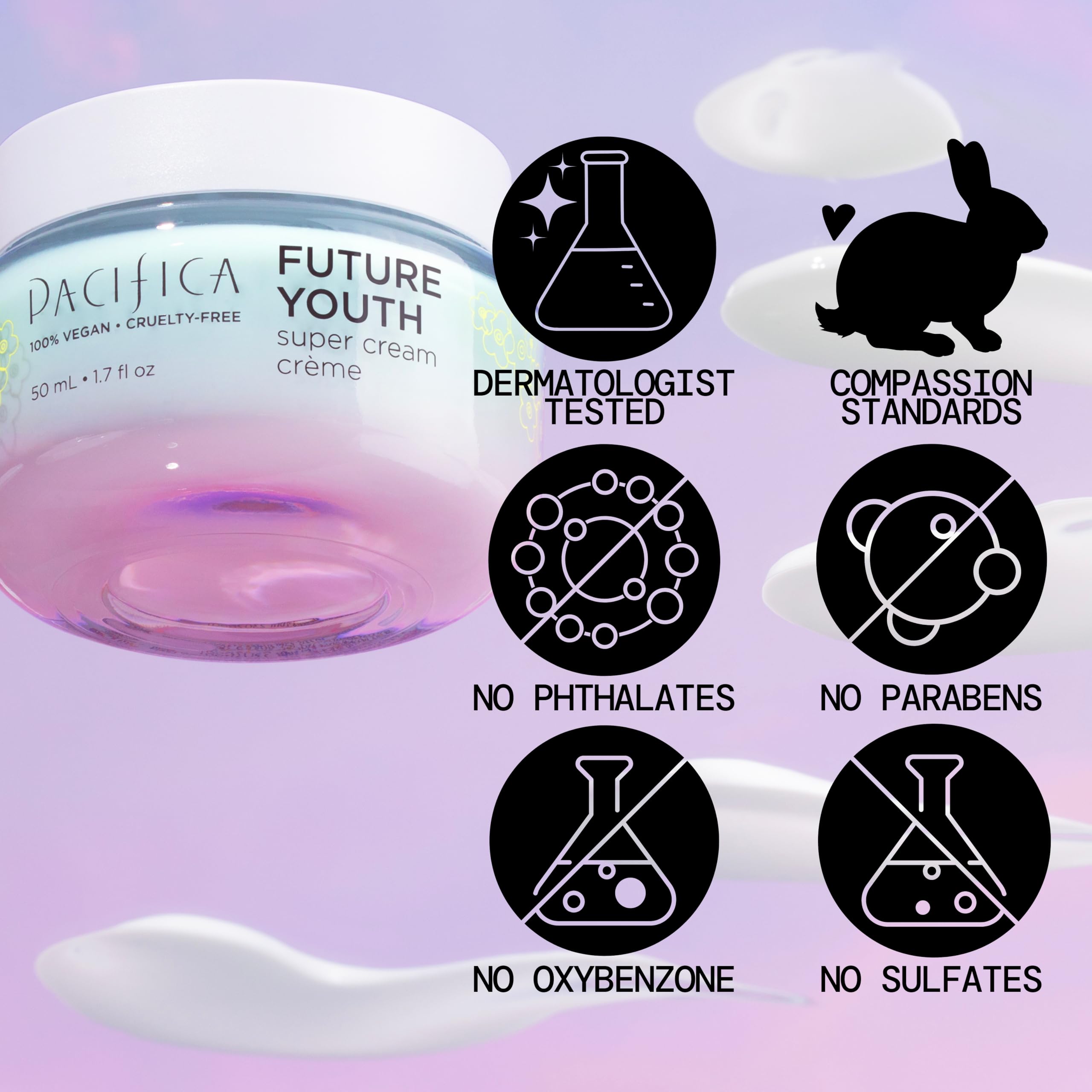 Pacifica Future Youth Super Cream packaging display highlights cruelty free branding