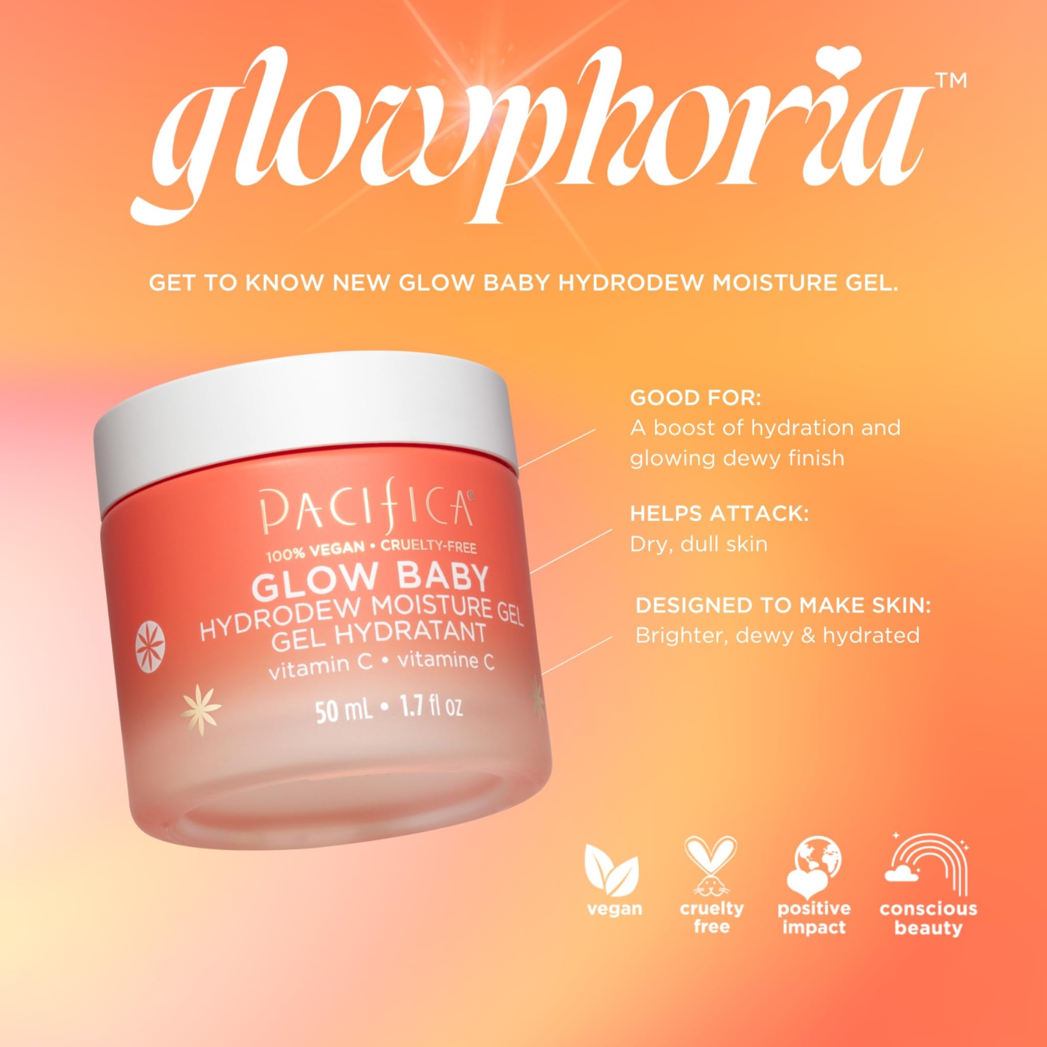 Pacifica Glow Baby Hydrodew Gel, ácido hialurónico para hidratación duradera.