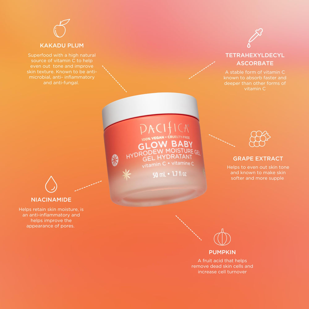 Pacifica Glow Baby Hydrodew Gel, efecto luminoso en la piel sin peso.