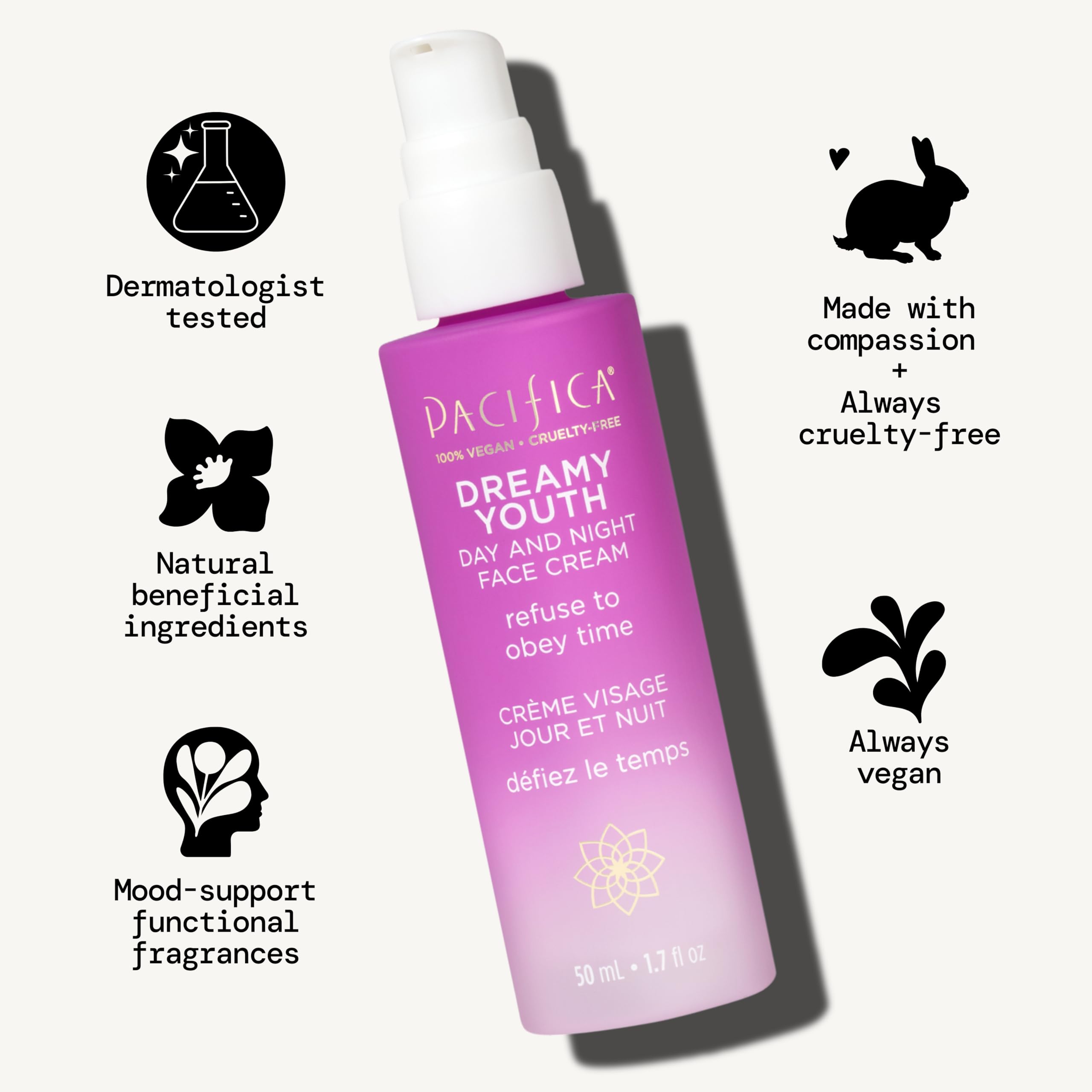 Pacifica crema facial ingredientes-veganos enriquecen la hidratación de forma ética.