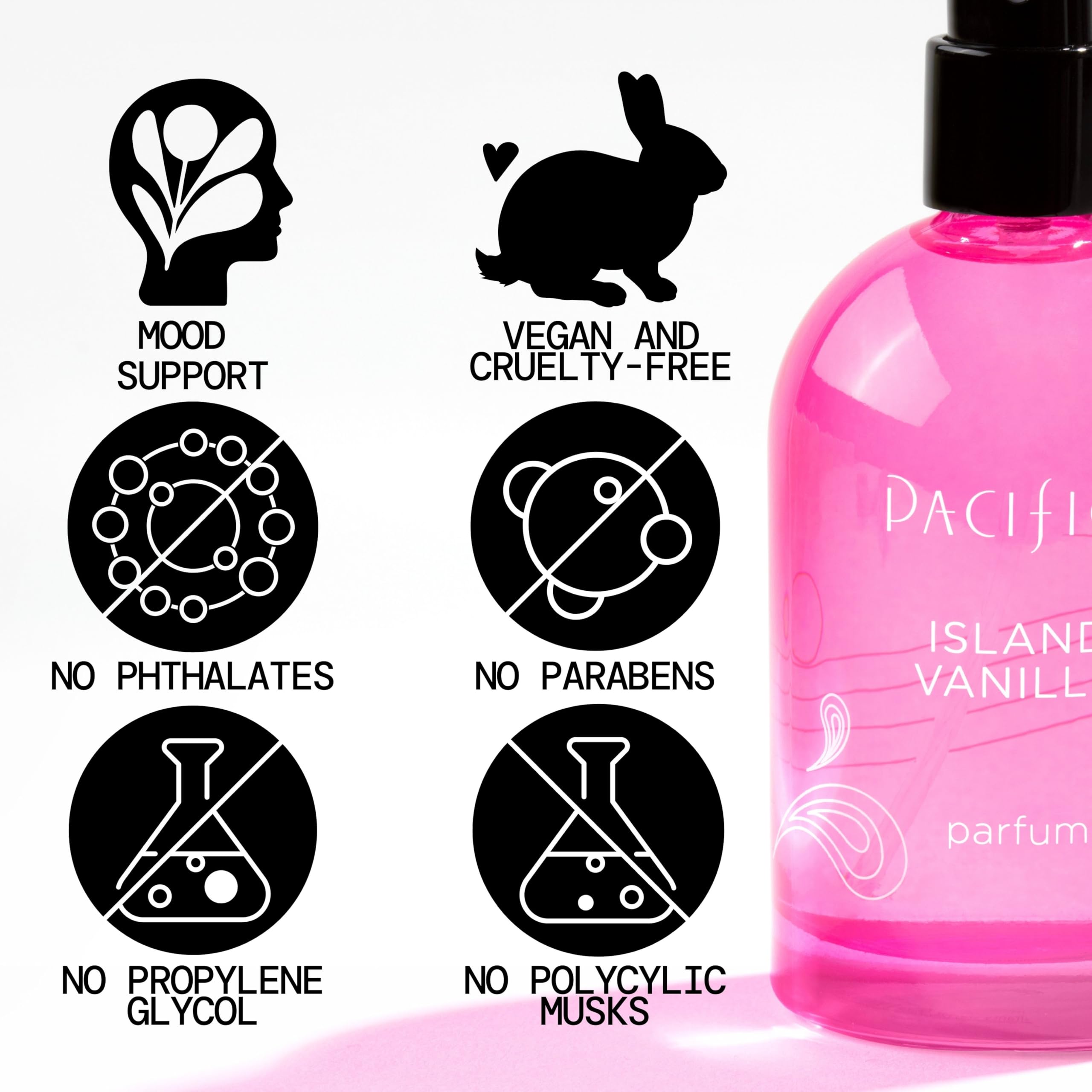 Pacifica Island Vanilla: notas florales y vainilla evocando coco y dulzura sabrosa.