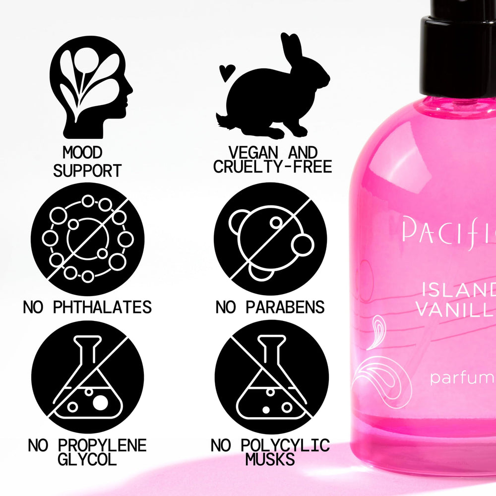 Pacifica Island Vanilla: notas florales y vainilla evocando coco y dulzura sabrosa.
