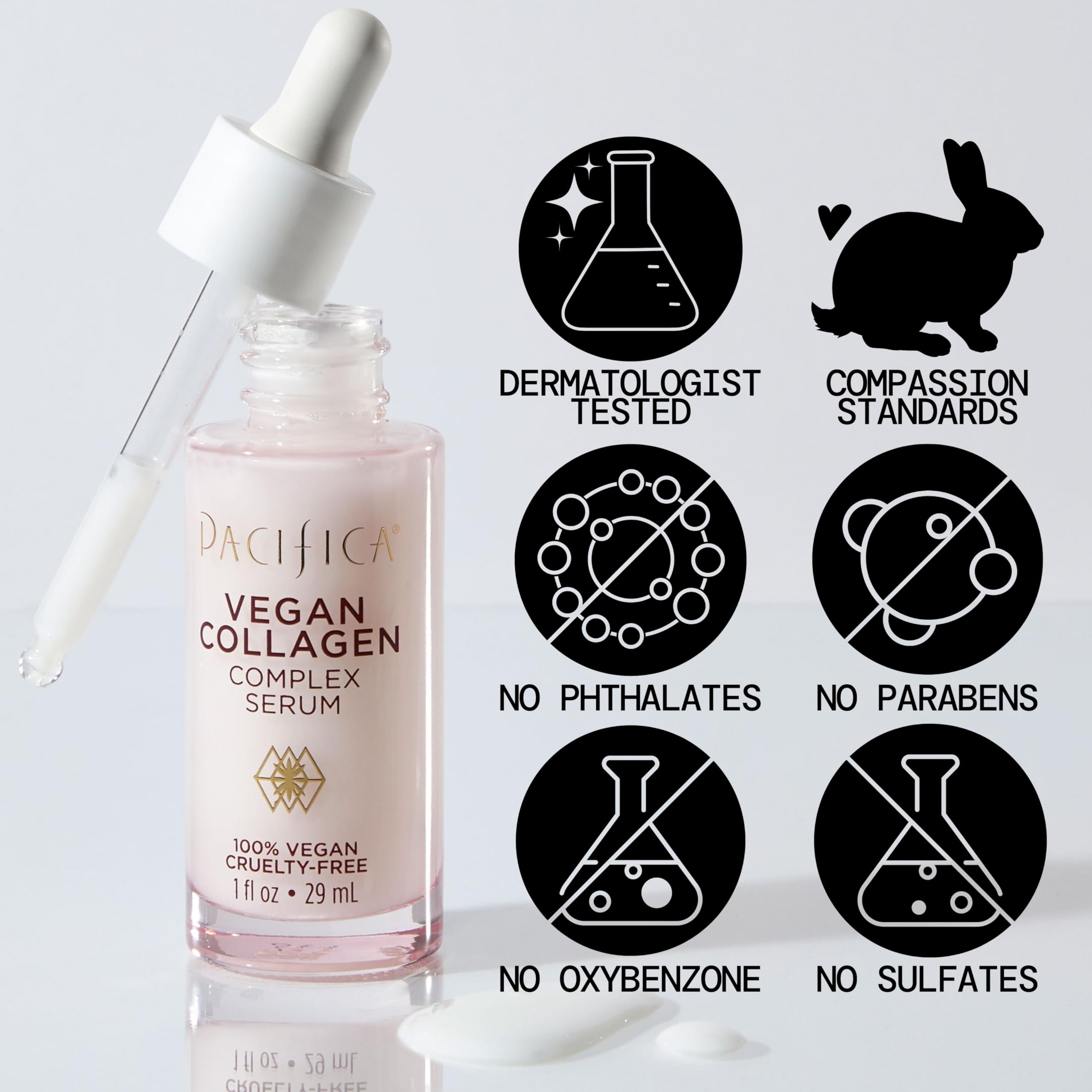 Extractos florales y aloe calmantes en Pacífica Serum para tez radiante.
