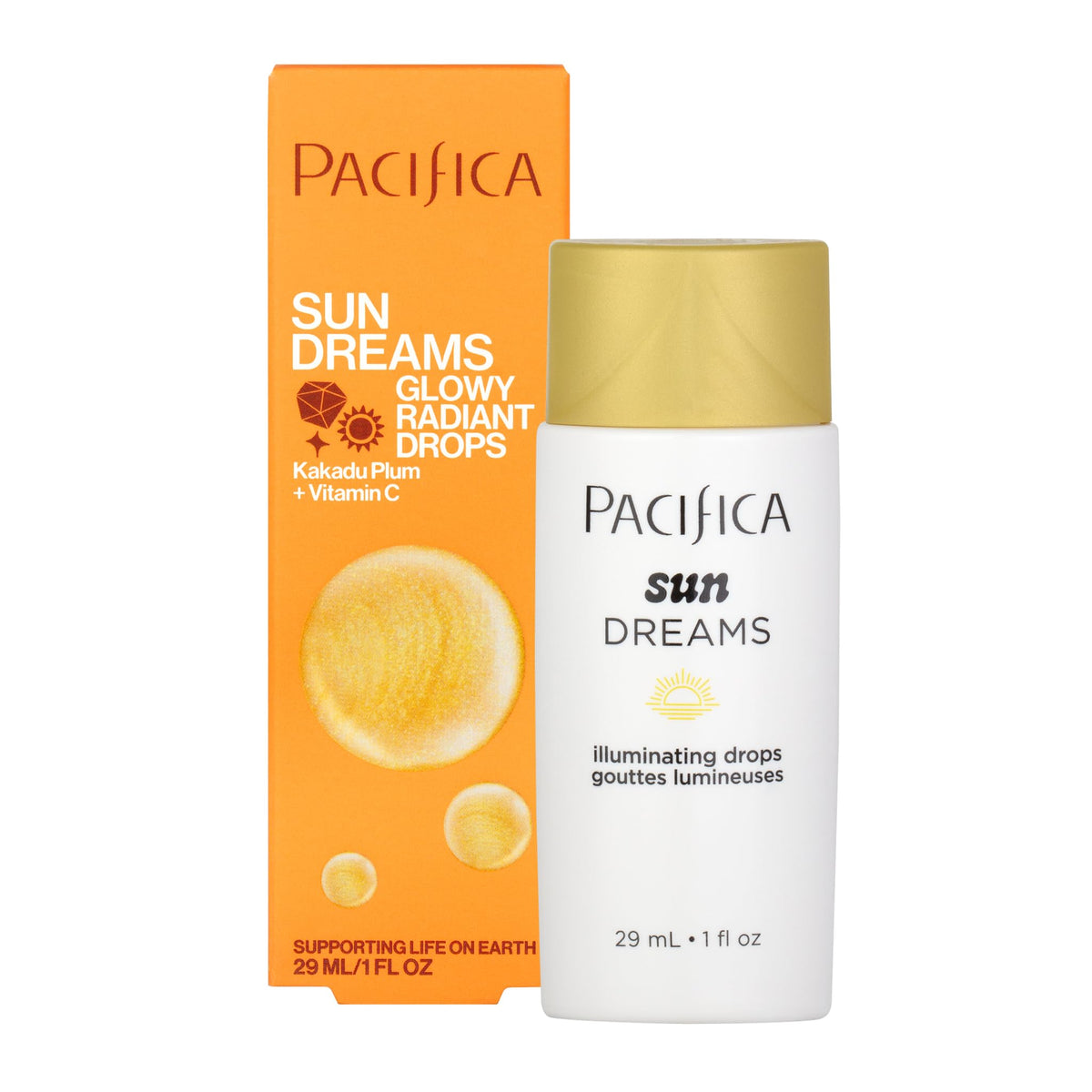 Pacifica Sunset Glow Drops, botella frontal, brillo cálido y natural para todo tipo de piel.
