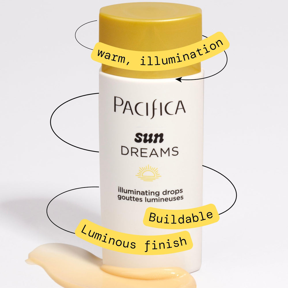 Pacifica Sunset Glow Drops, mezclar con hidratante para tono uniforme e hidratación.