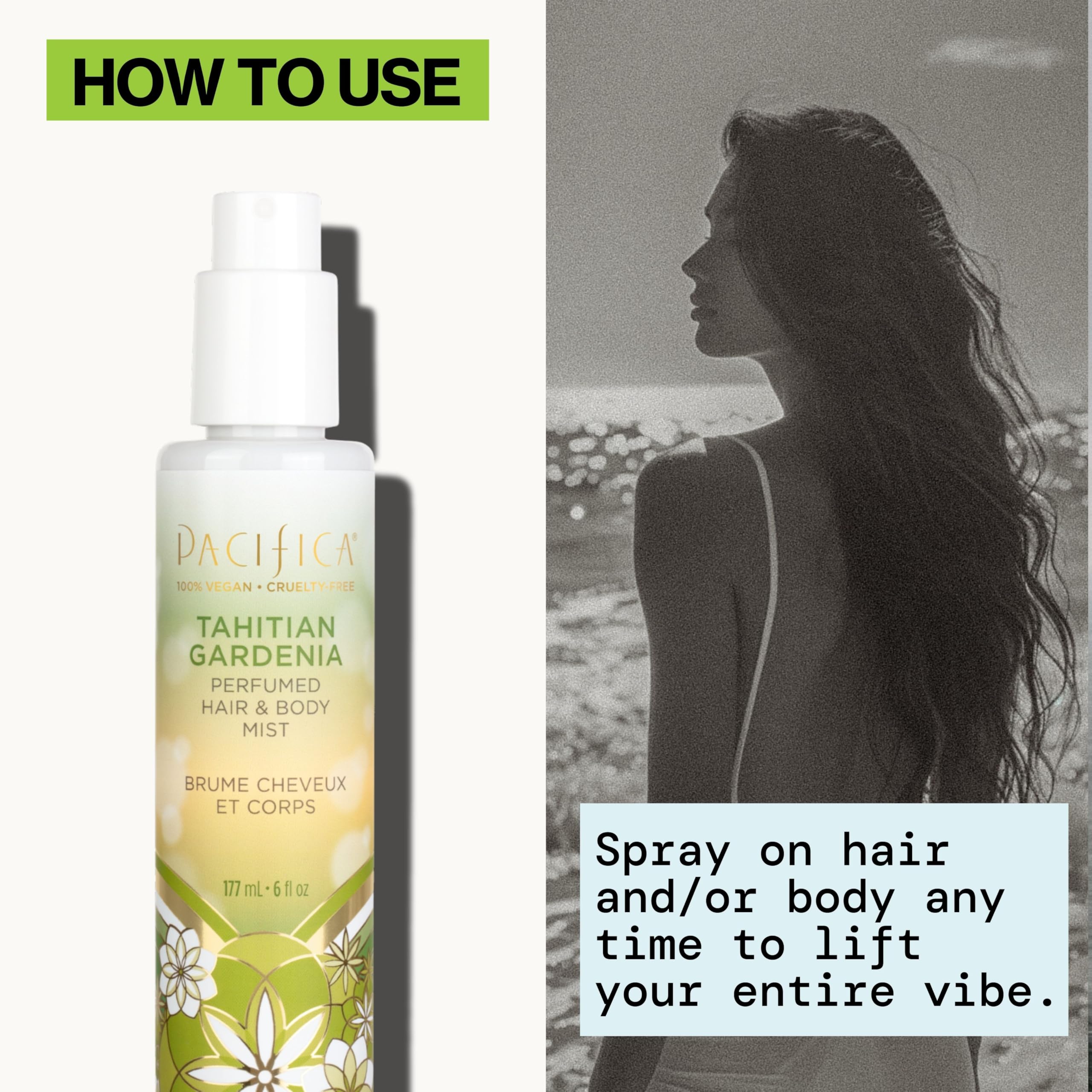Pacifica Tahitian Gardenia usos cabello y cuerpo: fragancia head-to-toe.