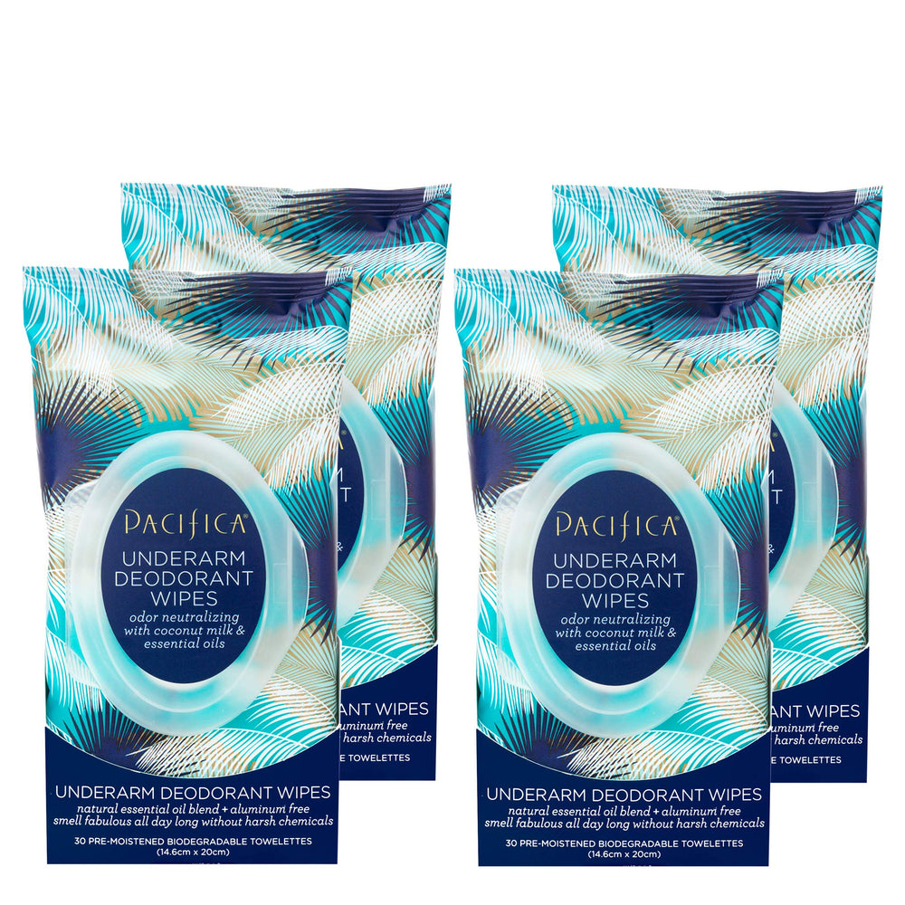 Pacifica: toallitas desodorantes axilas leche de coco y aceites esenciales para frescura duradera.