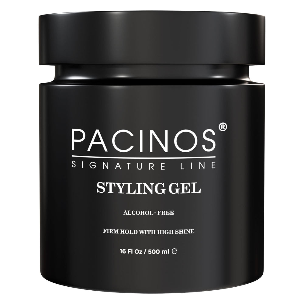 Pacinos gel para cabello, botella visible, fijación duradera para todo el día.
