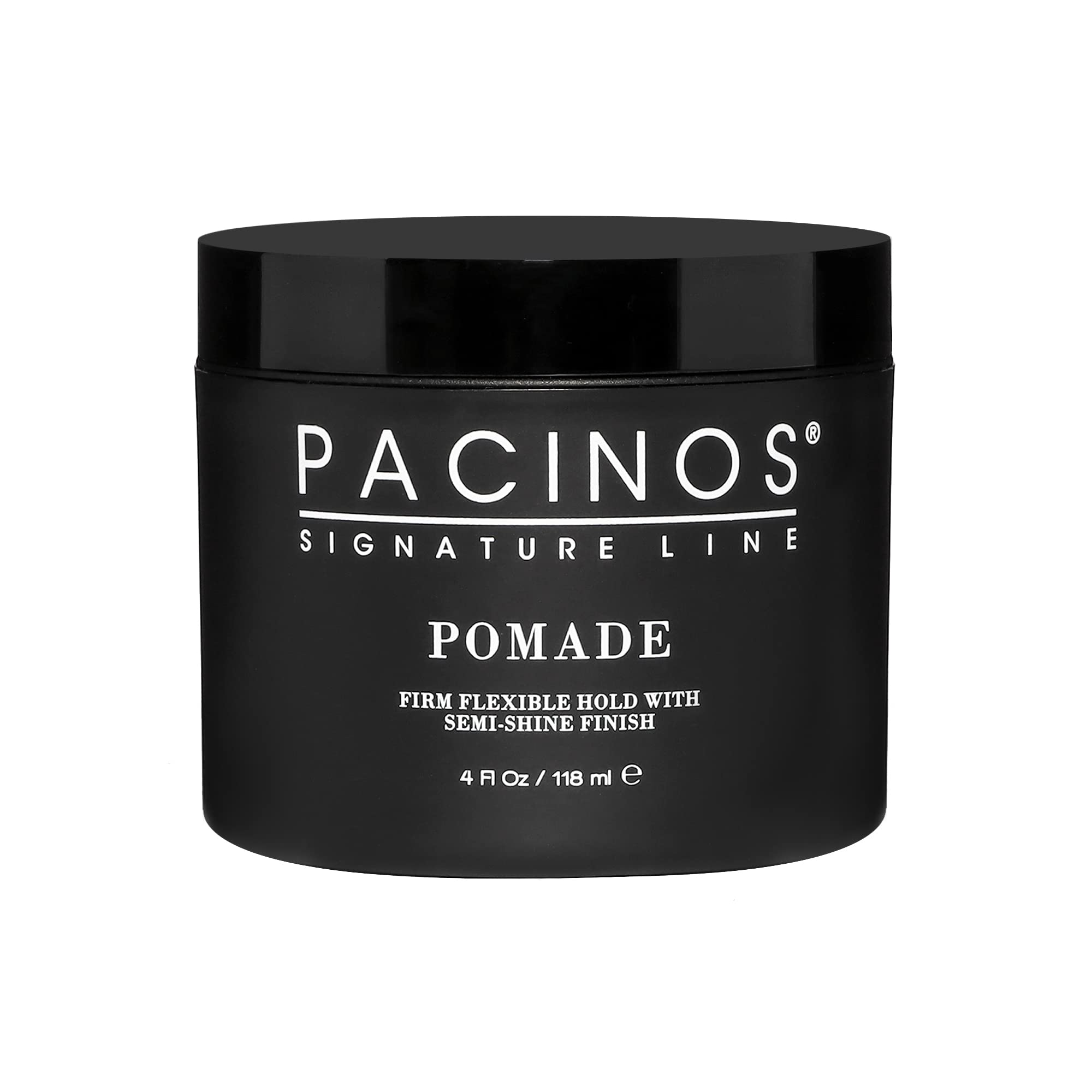 Pacinos Pomada: botella con enfoque en peinado flexible y brillo alto para todo tipo de cabello.