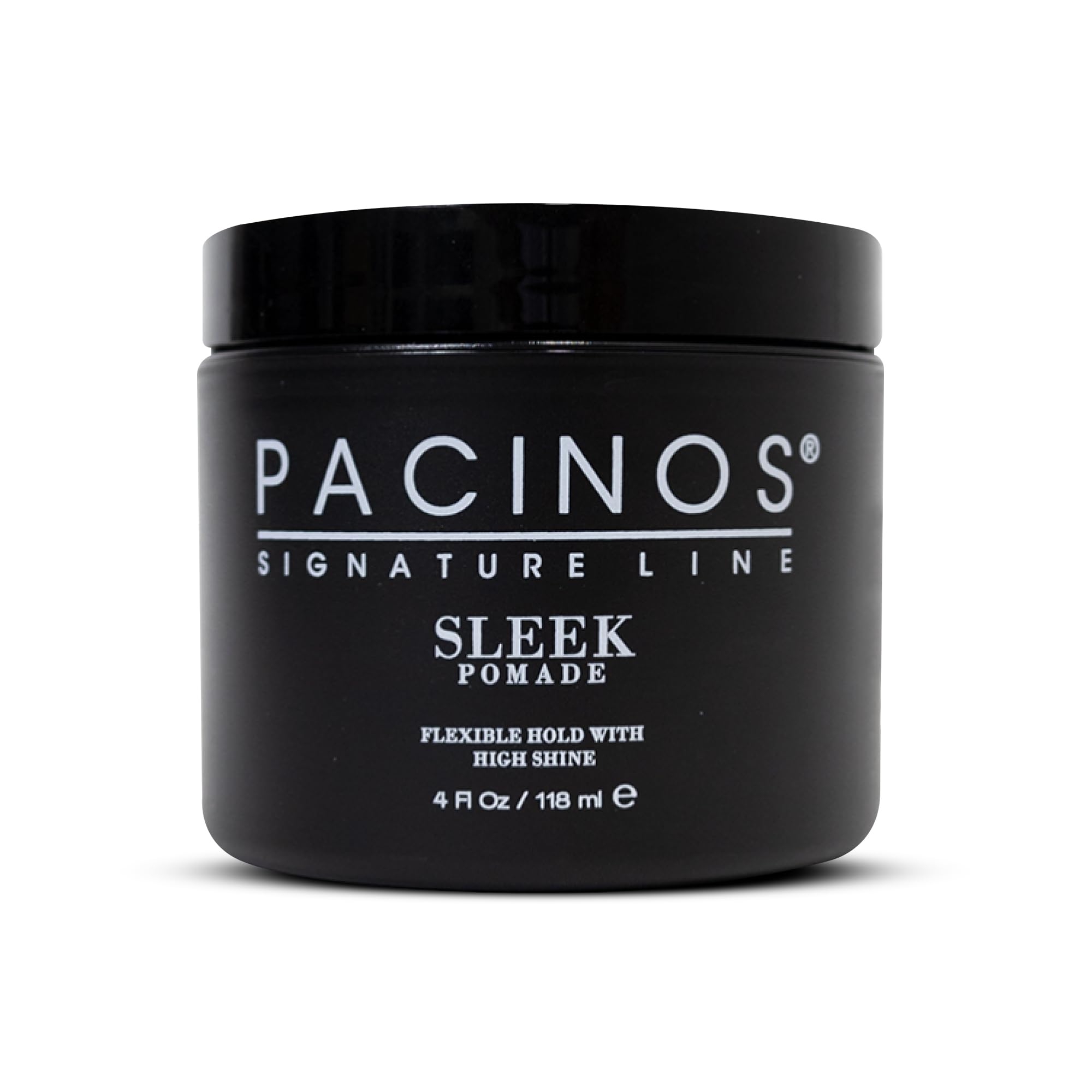 Pacinos SLEEK pomade bottle glistens with high shine for all hair types.