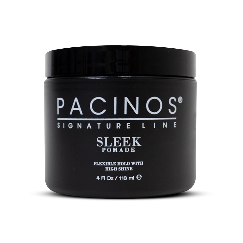 Pacinos SLEEK pomade bottle glistens with high shine for all hair types.