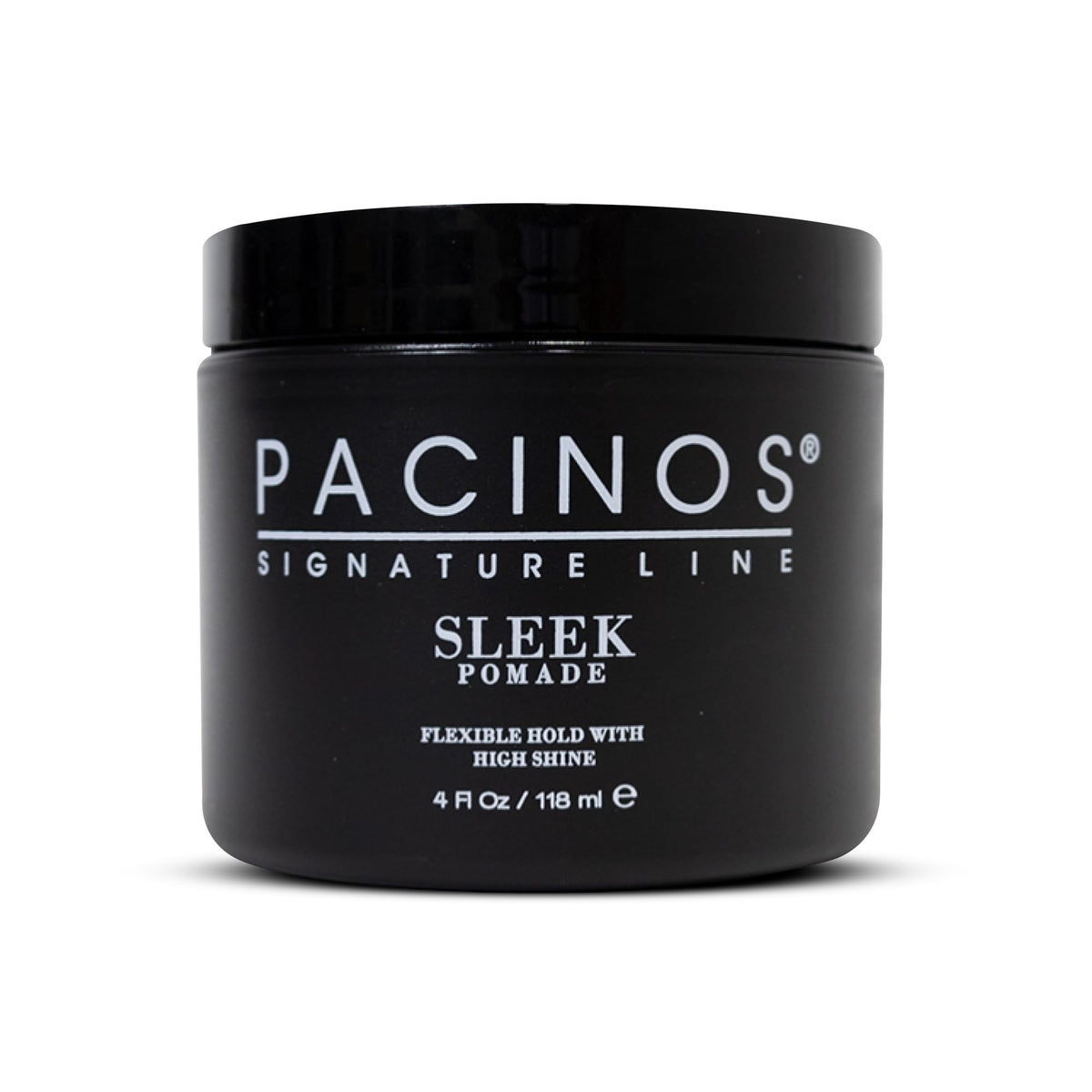 Pacinos SLEEK pomade bottle glistens with high shine for all hair types.