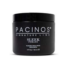 Pacinos SLEEK pomade bottle glistens with high shine for all hair types.