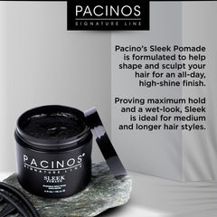 Close-up of glossy Pacinos SLEEK hair showing all-day hold.