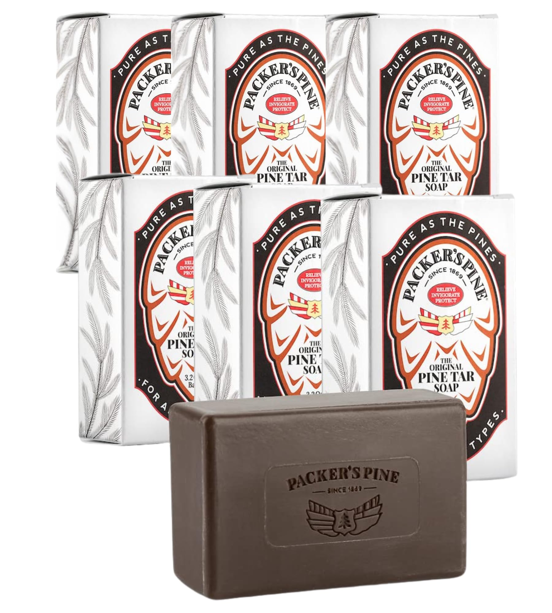 Packer's Pine Tar Soap, barra cercana con aroma ahumado y piel suave.