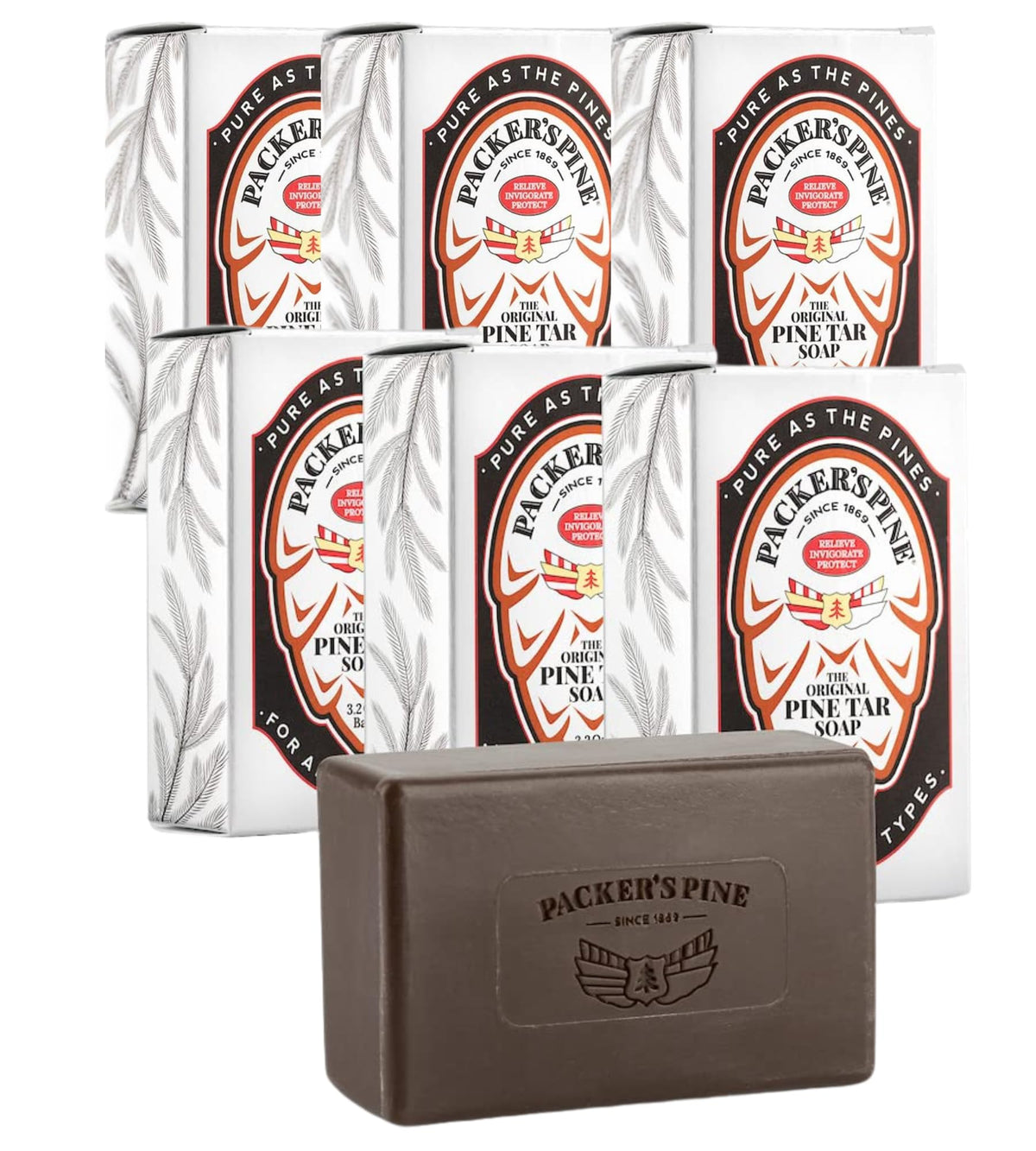 Packer's Pine Tar Soap, barra cercana con aroma ahumado y piel suave.