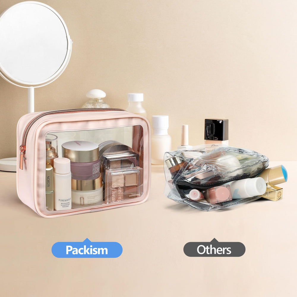 PACKISM borde rosa bolsa transparente mediana, ideal para cosméticos diarios.