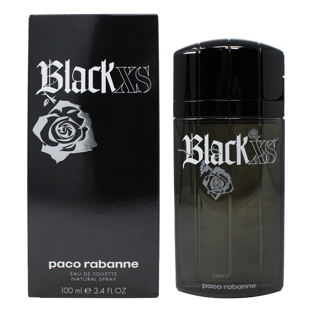Paco Rabanne Black XS, botella alta frente, aroma intenso para noches audaces y confianza.