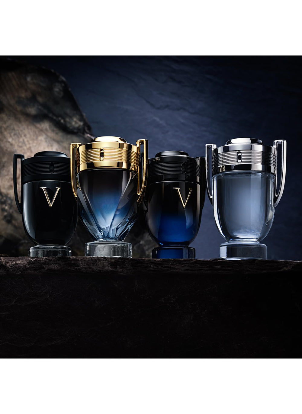 Paco Rabanne Invictus, tapa y acabado en primer plano, estilo dinámico.