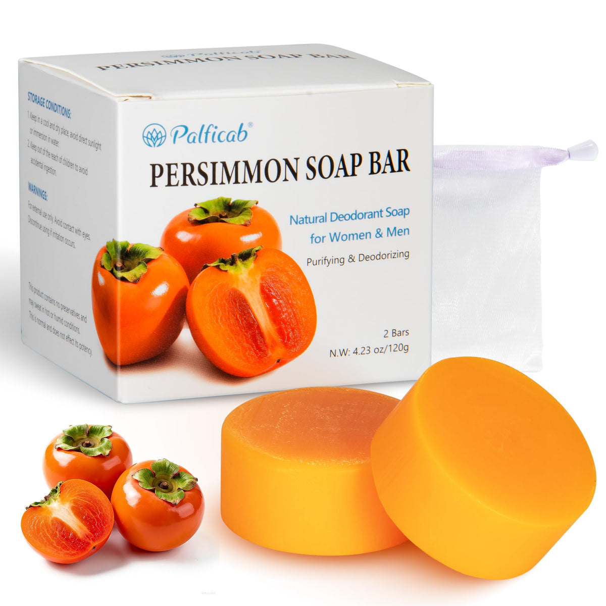 Jabón PALFICAB caqui redondo 120 g en la mano, frescura duradera