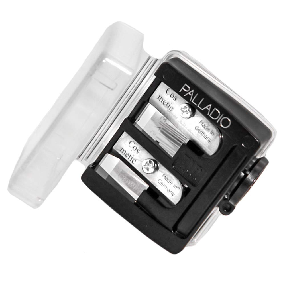 Afilador Palladio 3 en 1 con doble apertura y funda, diseño compacto.