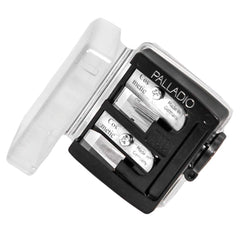 Afilador Palladio 3 en 1 con doble apertura y funda, diseño compacto.