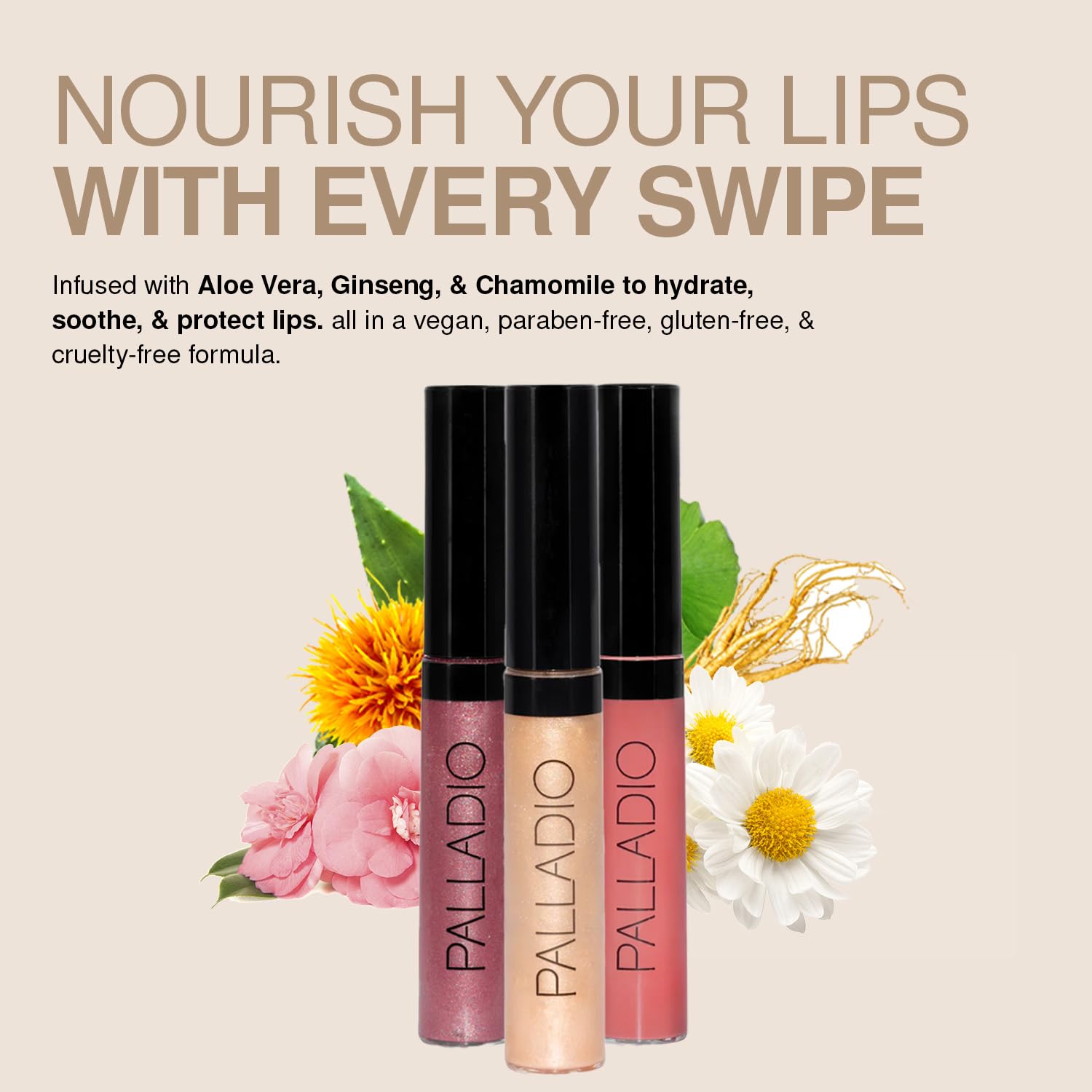 Palladio brillo labial libre de crueldad para belleza responsable.