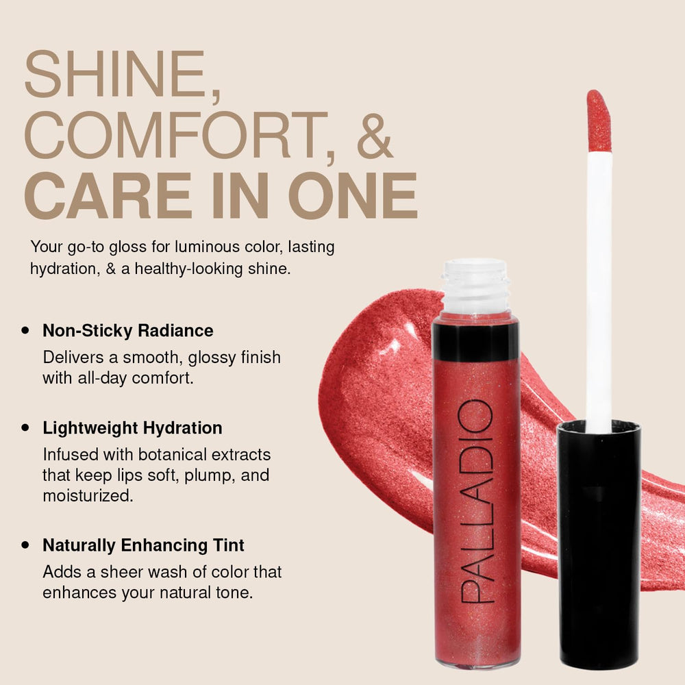 Palladio brillo labial con vitaminas A, C y E para el cuidado diario.