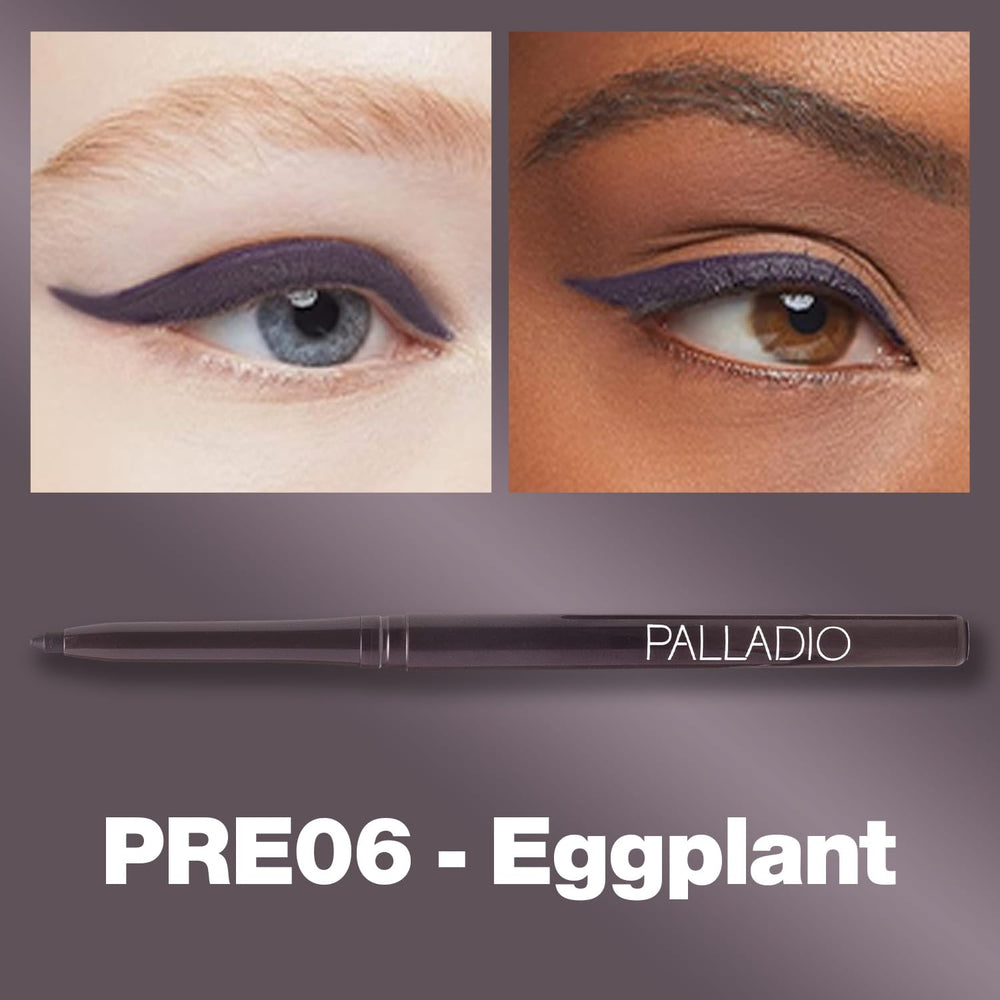 Delineador Palladio retráctil impermeable berenjena; aplicación suave para trazo preciso.