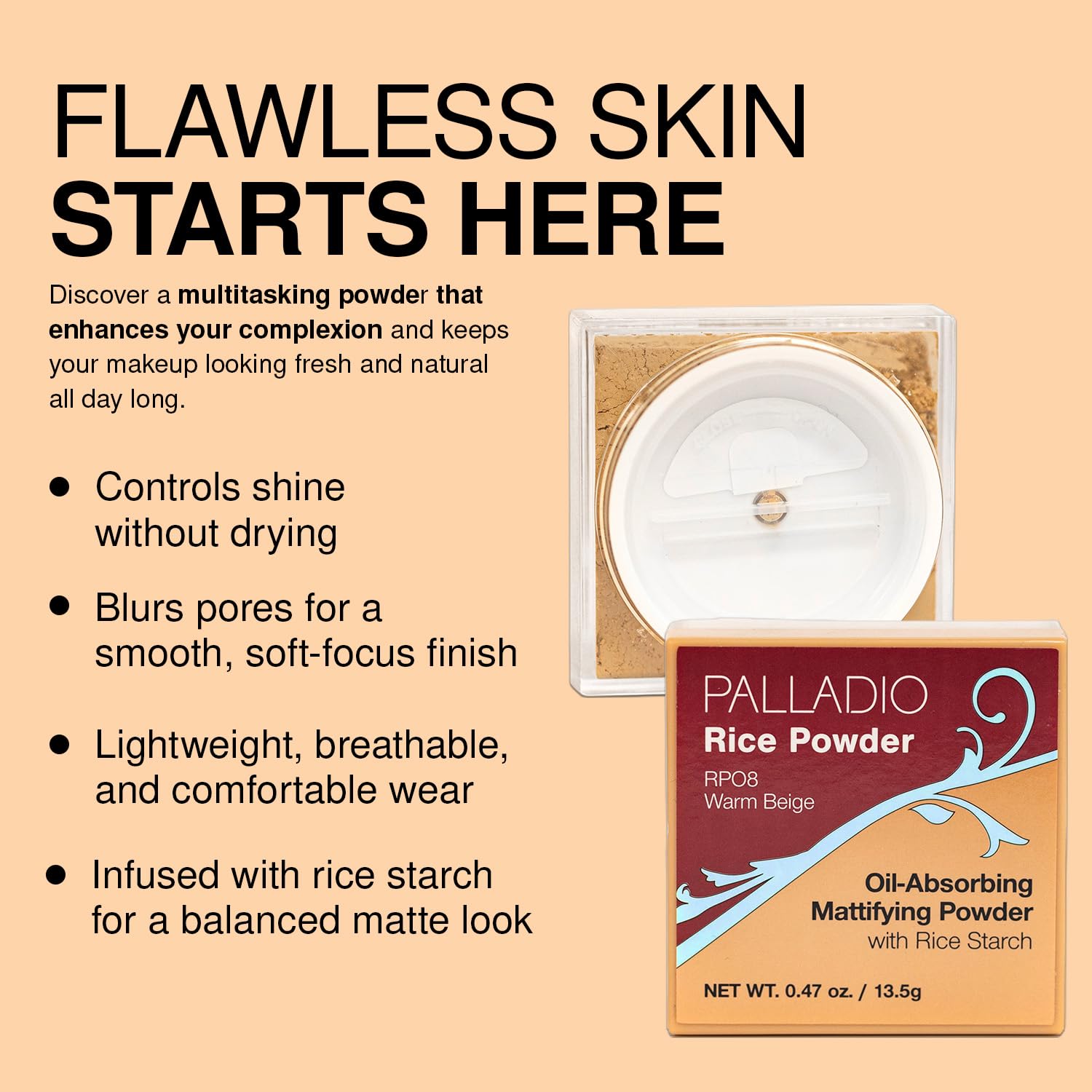 Fijación de maquillaje con Palladio Polvo de Arroz para mayor duración