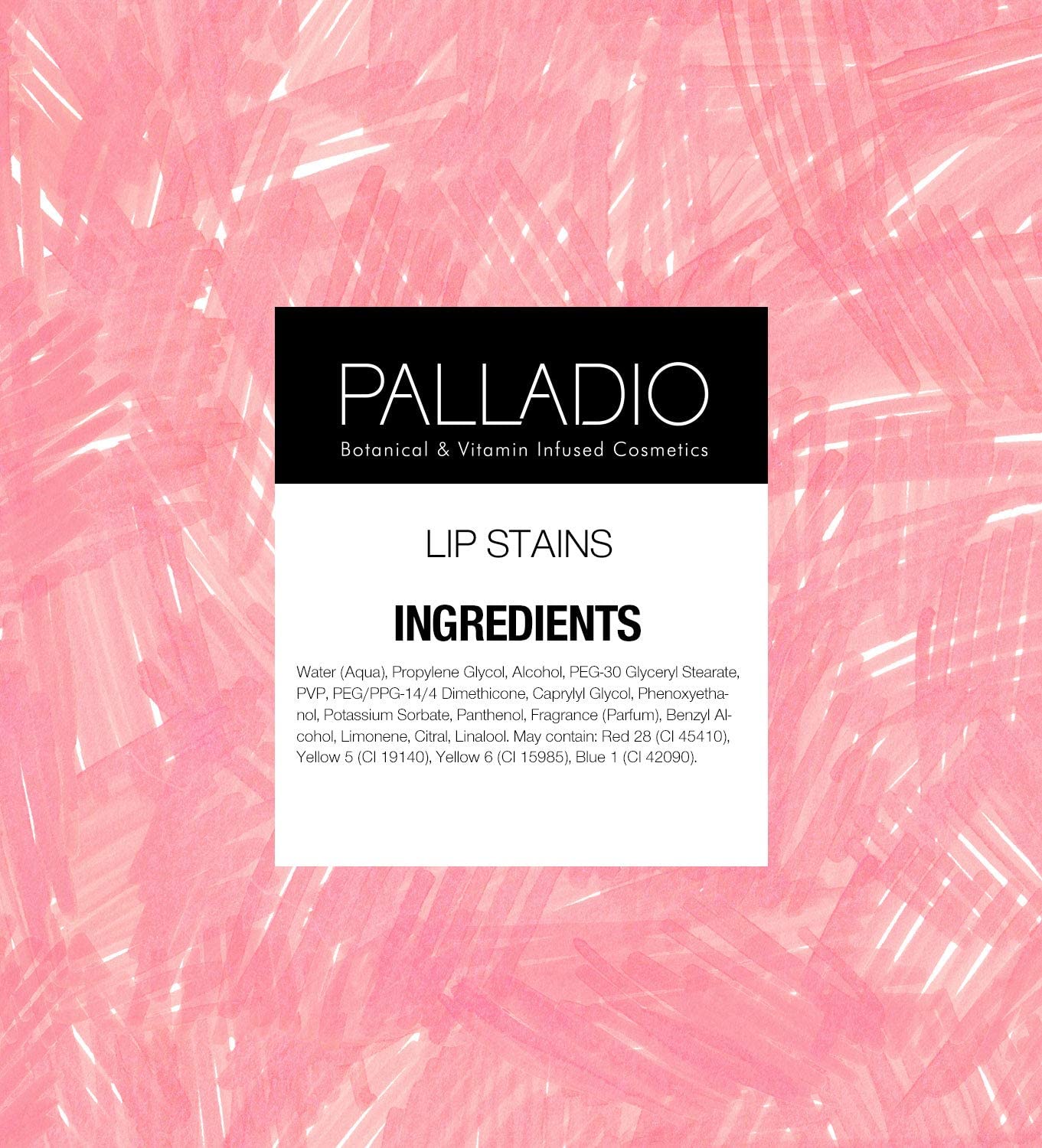 Palladio Tinta Labial infundida con Pro-Vitamina B5 para nutrición suave.