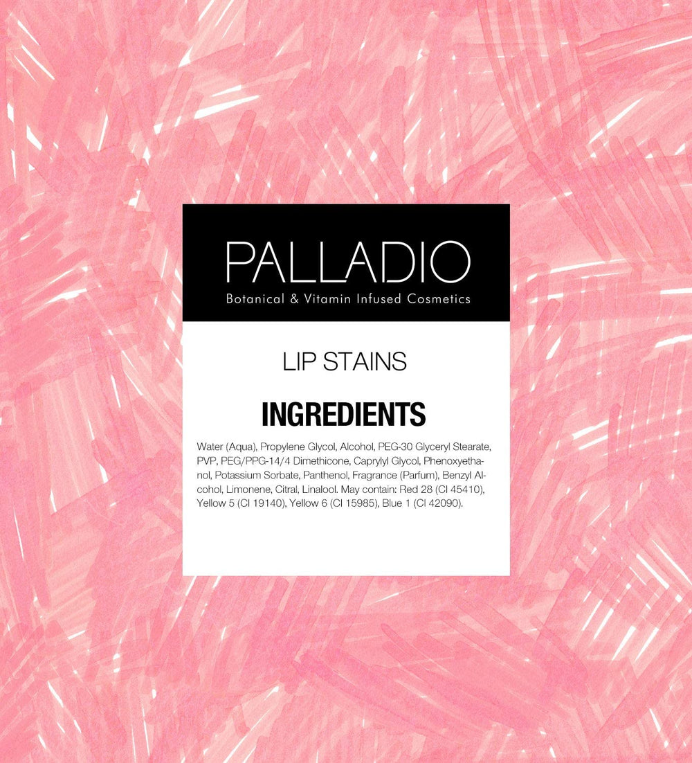 Palladio Tinta Labial infundida con Pro-Vitamina B5 para nutrición suave.