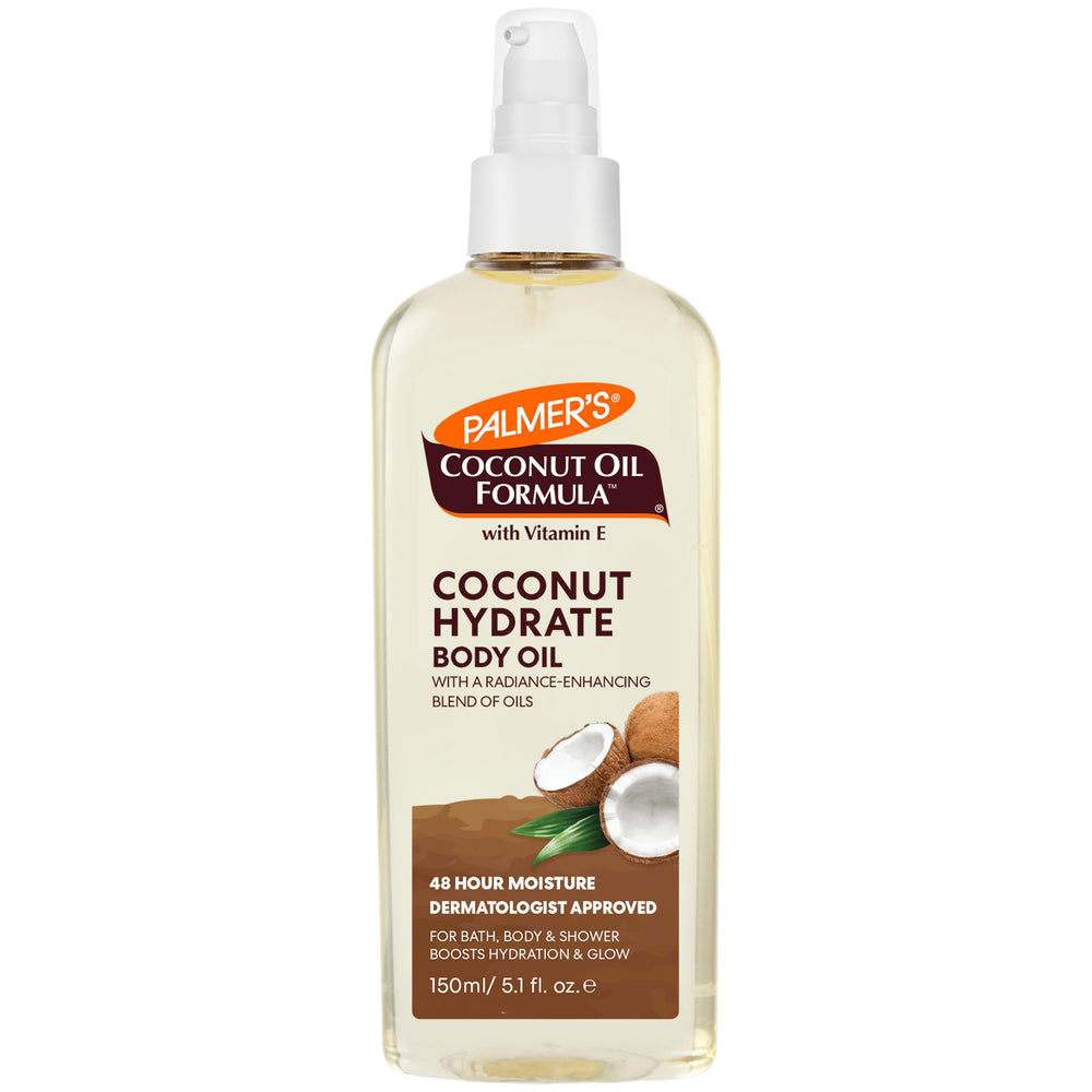 Palmer's Aceite Corporal Coco, botella y atomizador para hidratación rápida.