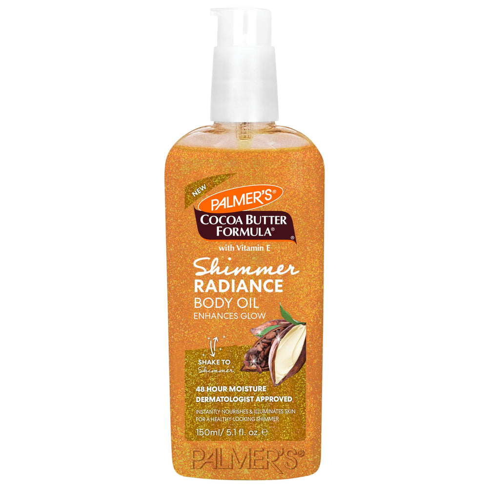 Palmer's Shimmer Radiance Body Oil bottle close-up showing glow-enhancing formula.
