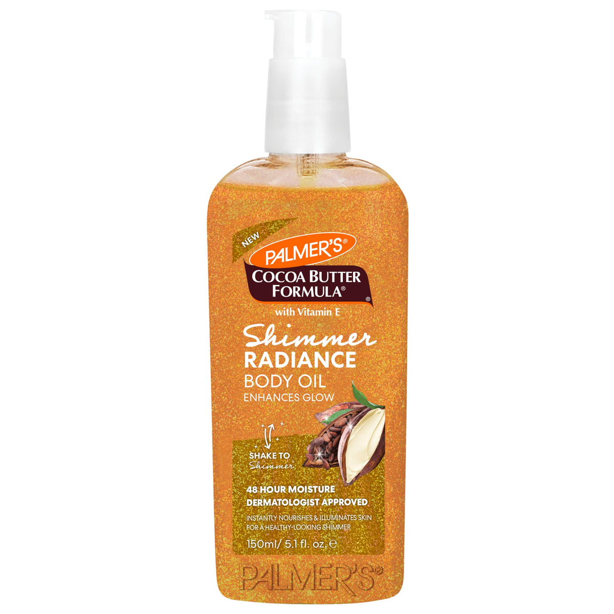 Palmer's Shimmer Radiance Body Oil bottle close-up showing glow-enhancing formula.