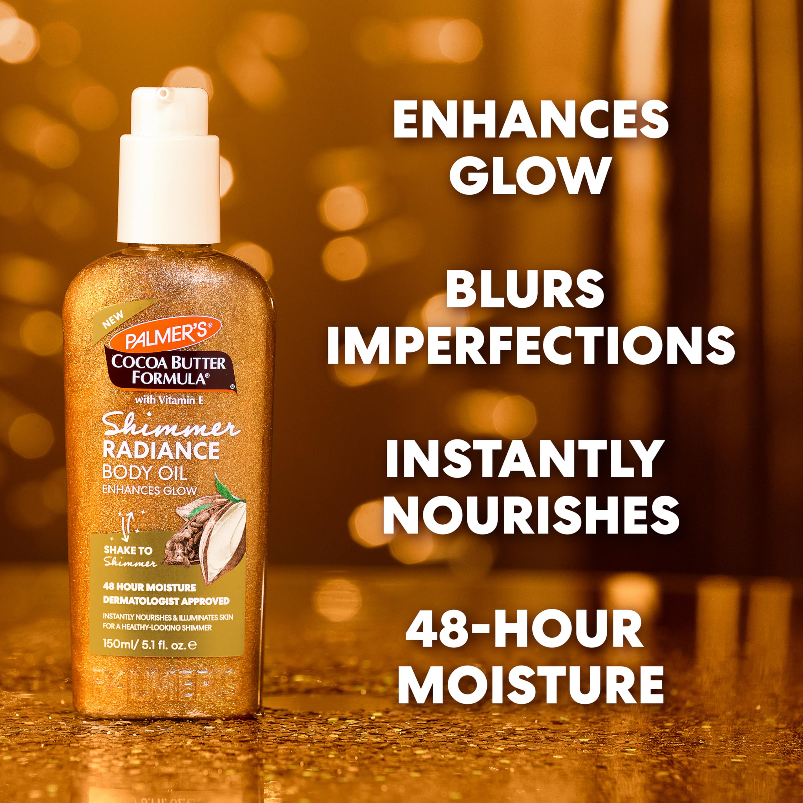 Palmer's Radiance Oil catches light for a soft glow on skin.
