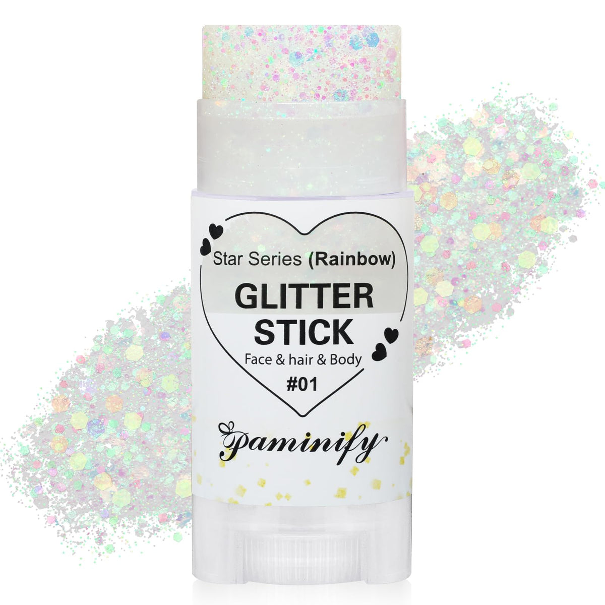 Paminify barra purpurina arcoíris blanco para cabello, brillo intenso y aplicación rápida.