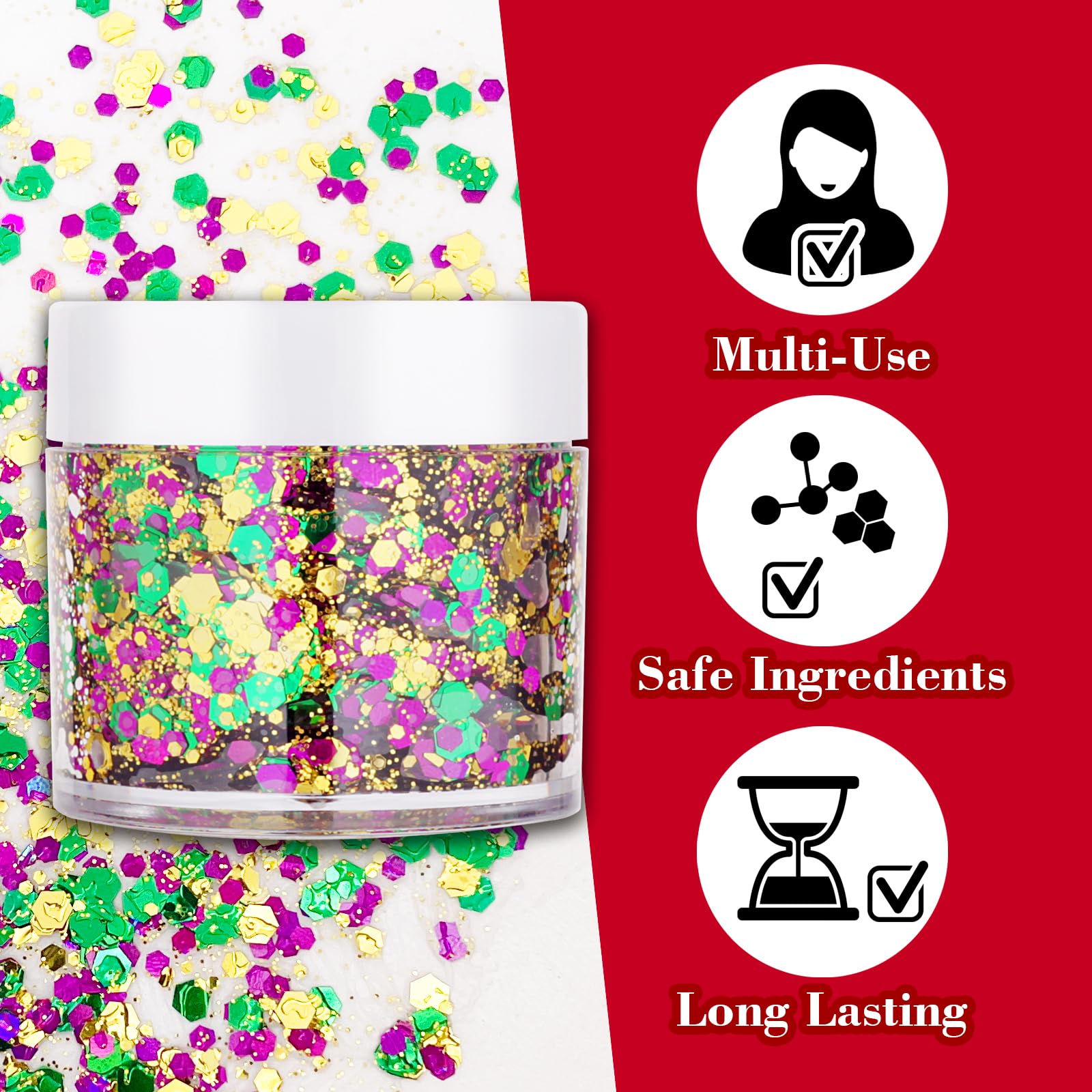 Paminify Mardi Gras purpurina oro verde morado para rostro, brillo holográfico