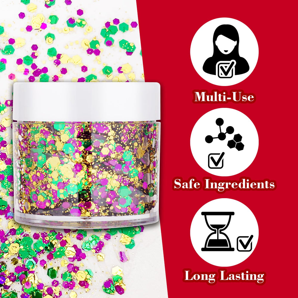 Paminify Mardi Gras purpurina oro verde morado para rostro, brillo holográfico