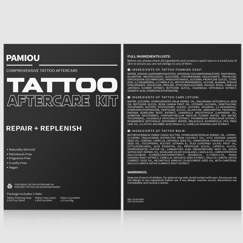 Pamiou ingredientes naturales cuidan la piel tatuada con suavidad.