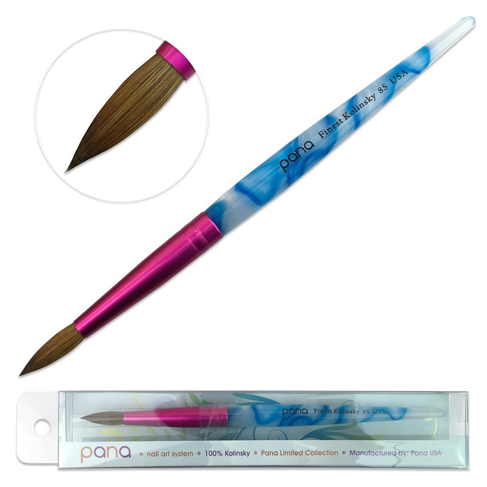 PANA pincel de uñas con pelo Kolinsky, blanco con remolino azul, ideal para trazos precisos.