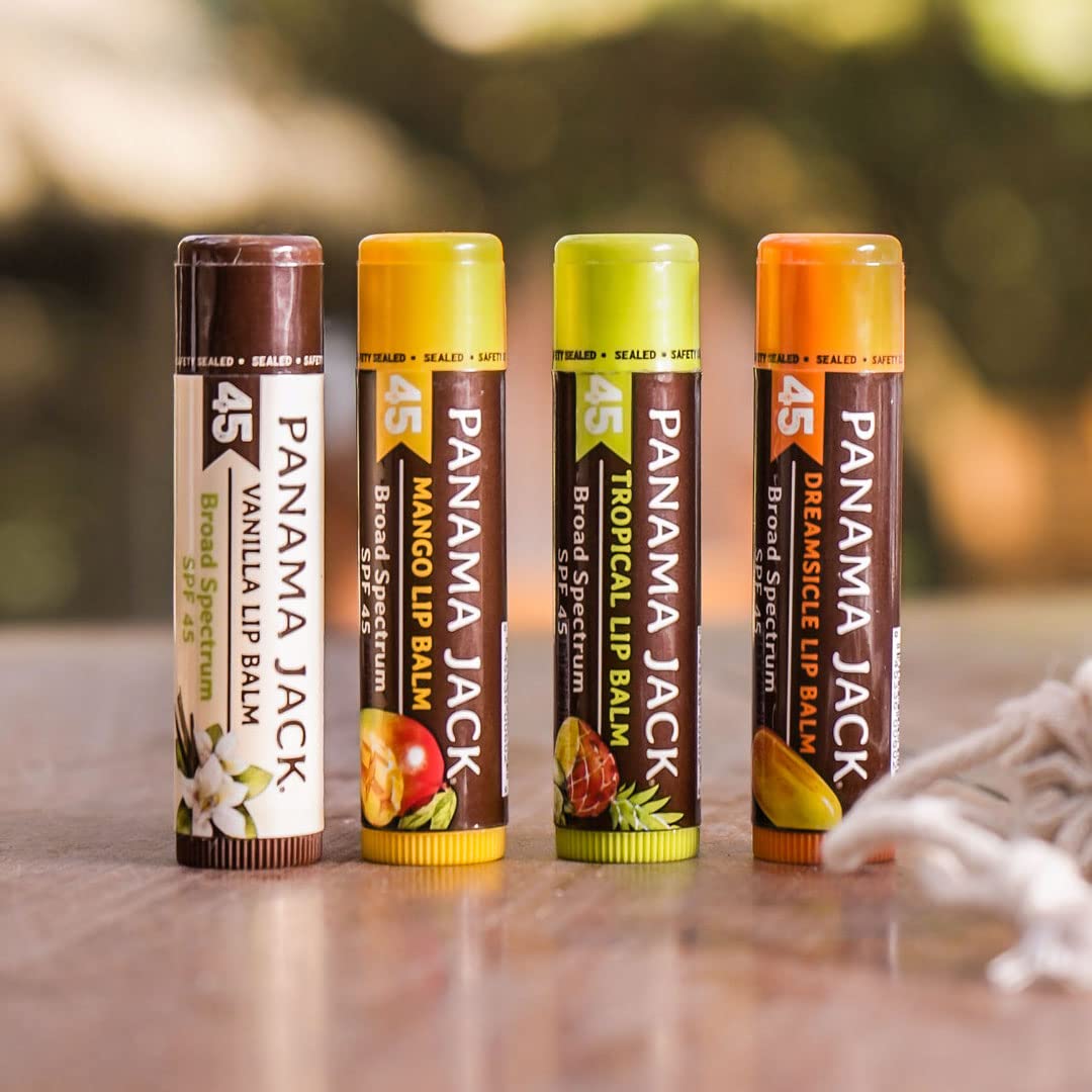 Panama Jack SPF 45 lip balm before-after-use supports sunny-day lip care.