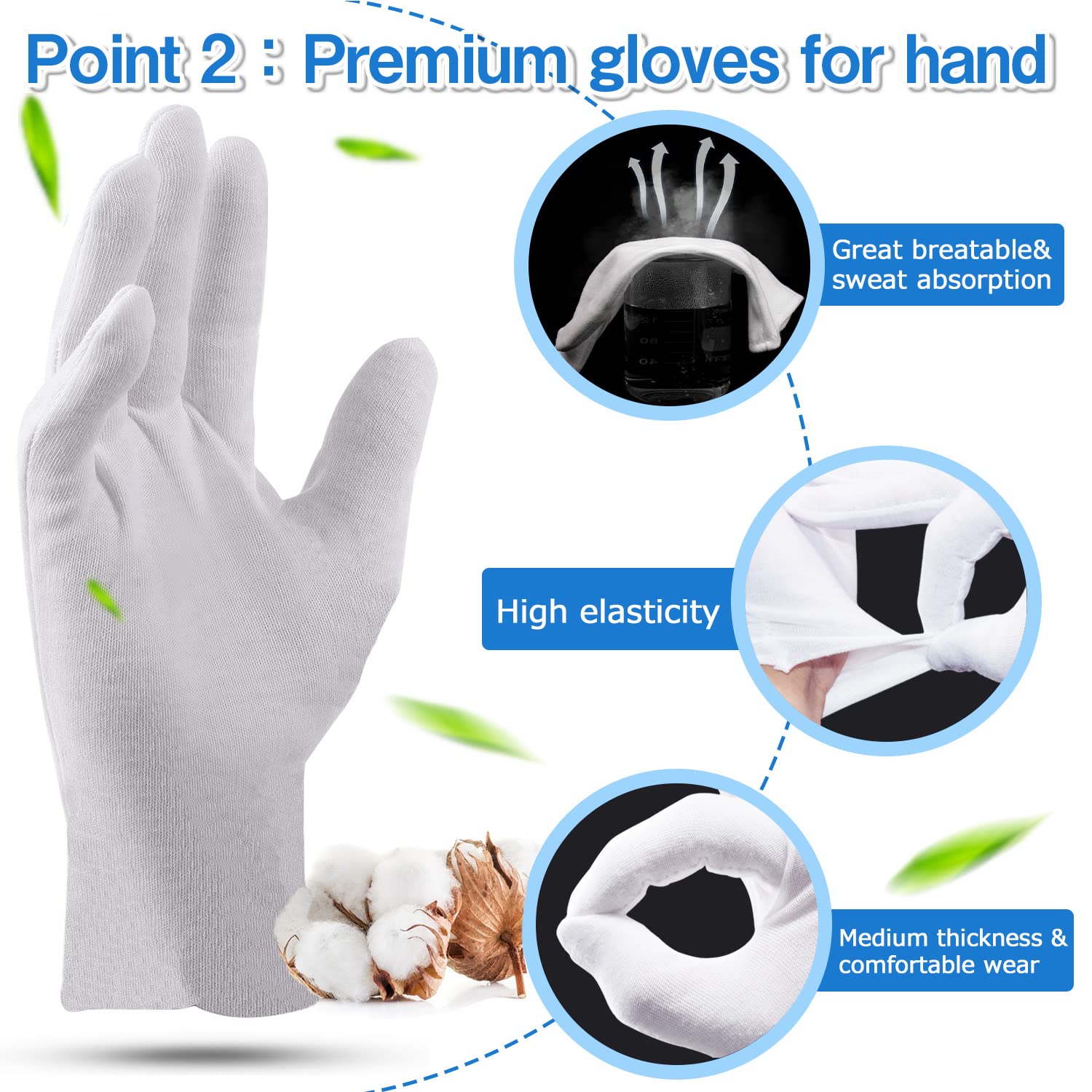 Guantes de algodón con puño elastico para tallas niño, mujer y hombre.